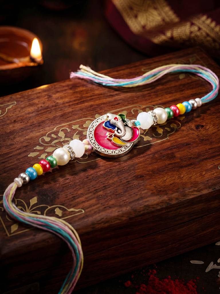 Lord Ganesha Circular Ganpati Silver-Finish Enamel Beaded Rakhi Set For Brother, Roli & Card (132-S5R1-Ar2773) : 132-S5R1-AR2773