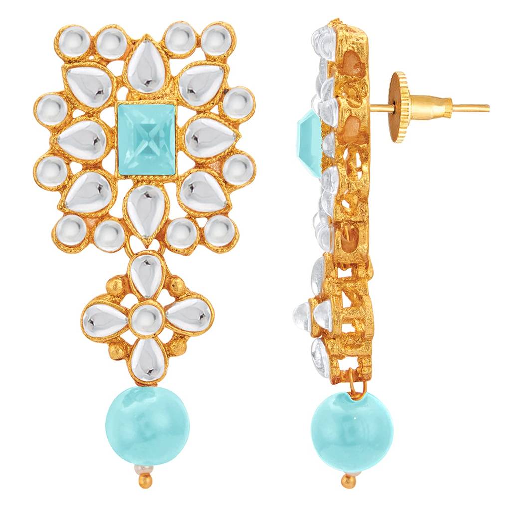 Gold Plated Pearl Beaded Studded Choker Necklace With Earring Maang Tikka Jewellery Set For Women (Sky Blue) : PF37N224SB