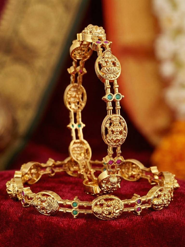 Gold Plated Laxmi Ji Temple Design Bangle For Women With Pink & Green Stones | Traditional South Indian B : 598-C1BG-2195-2-24