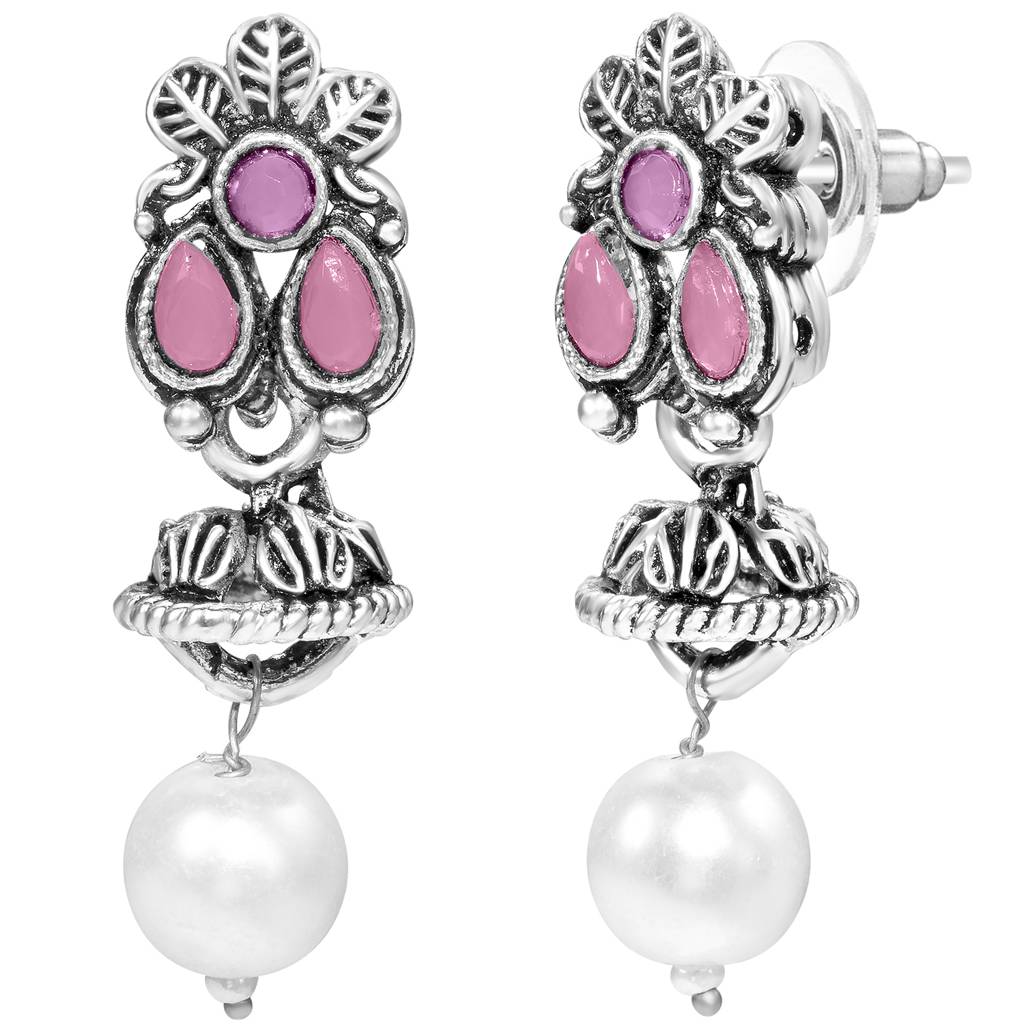 Women'S Silver Plated Ethnic Pink Necklace Earrings Set Crystal Studded Festive Jewellery Anniversary Birthday Gif : PF04N15PK