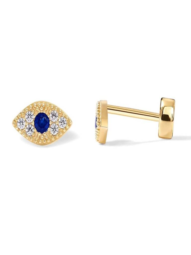 14K Gold Plated Anti-Tarnish Zircon Evil Eye Flat Back Stud Earrings : AXY0326E1071