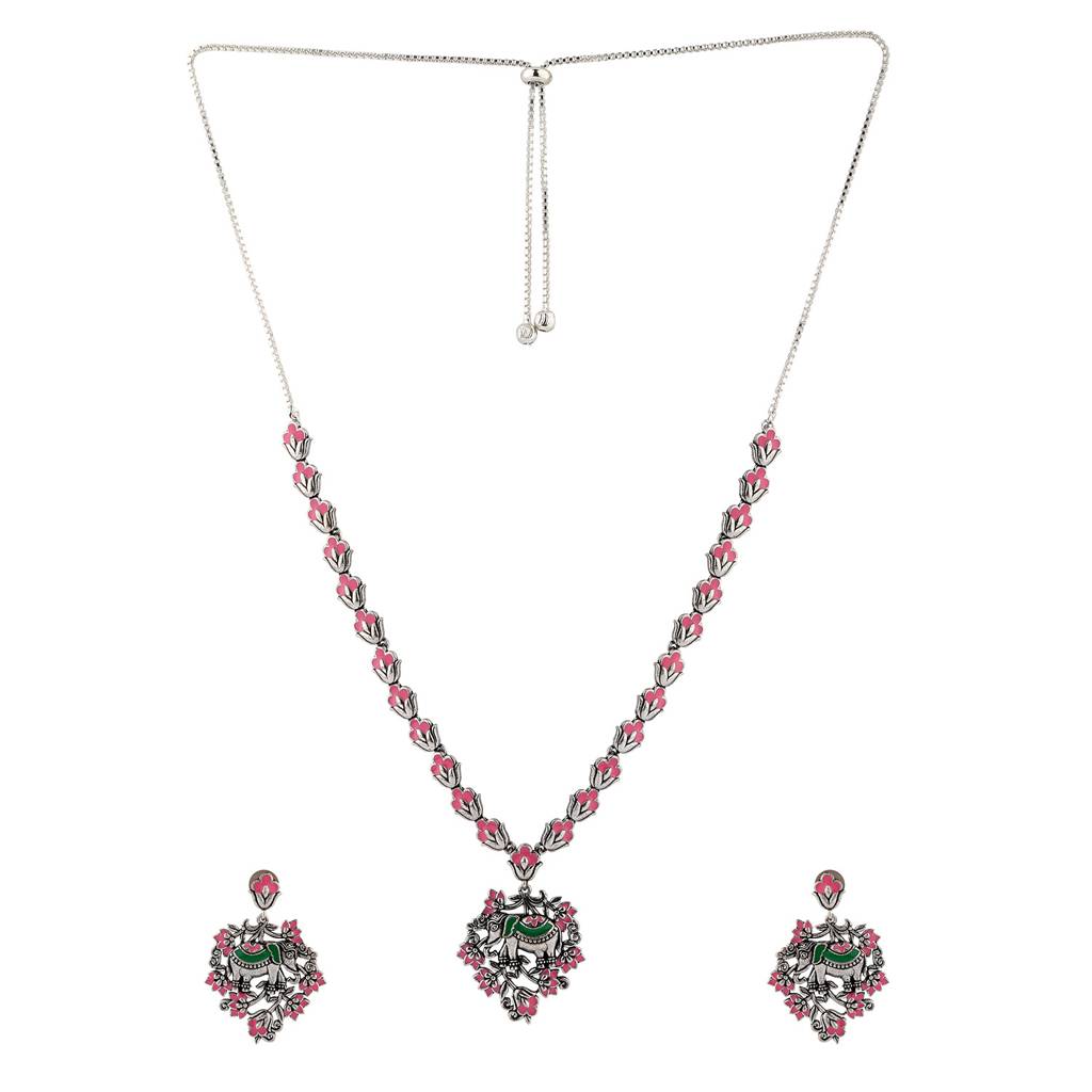 Madhubani Gajraj Garden Oxidised Enamel Necklace Set : 8905124560763