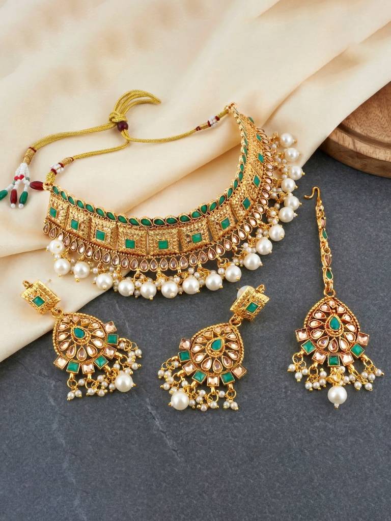 Gold-Plated Choker Necklace Set With Earrings & Maang Tikka For Women | Green Color Traditional Bridal Jewell : 866-G2SR-006-G
