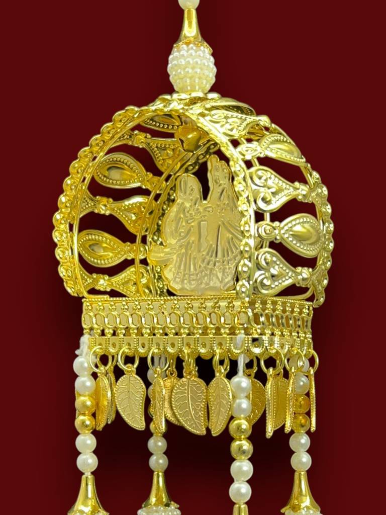 Golden Doli Shaped Bridal Kaleera With Pearl Beads & Leaf Charms | Designer Wedding Kaleere For Bride | 30 Cm Lo : 2512-250-et