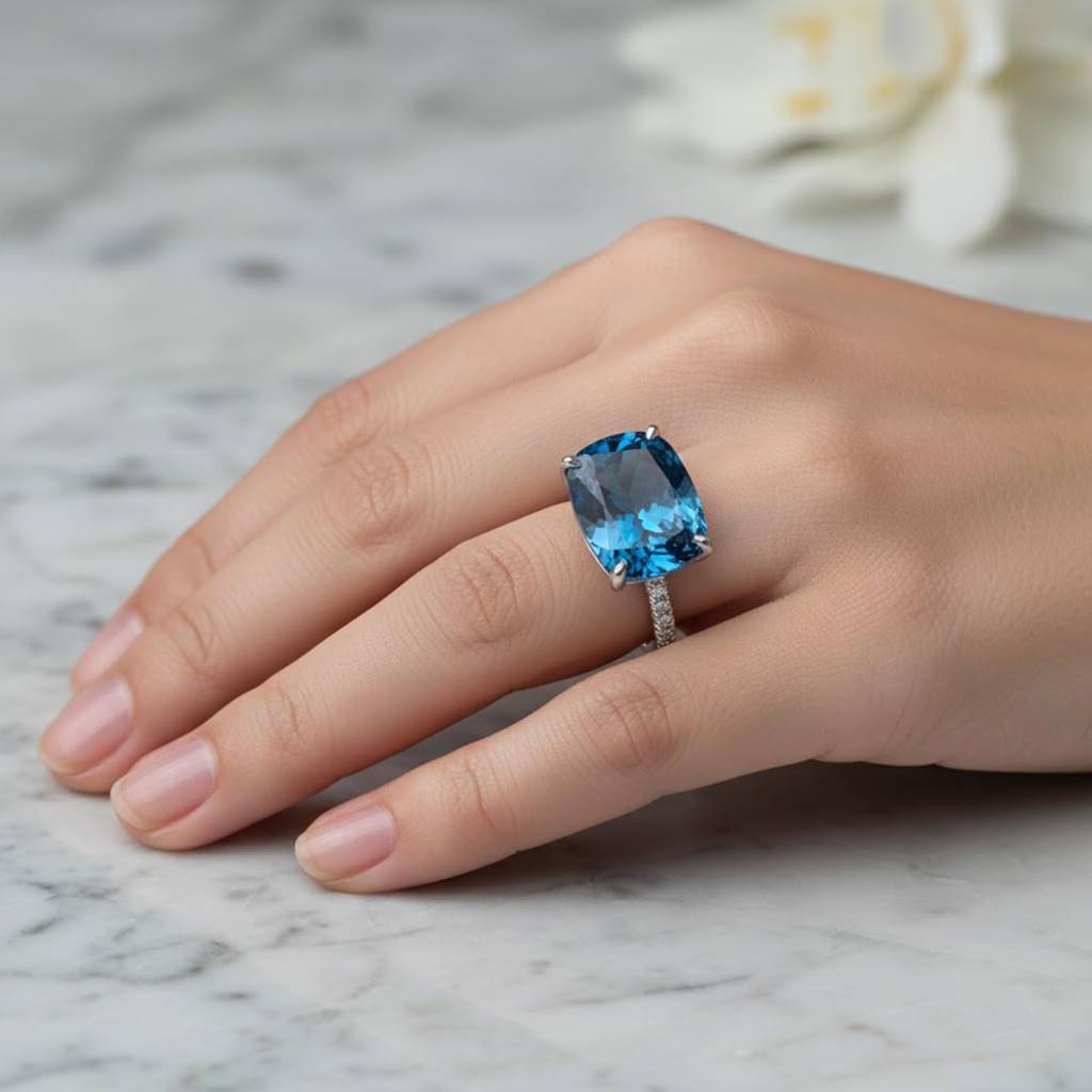 Silver Plated Blue Crystal & Cubic Zirconia Studded Stylish Finger Ring Contemporary Jewellery For Women & Girl : PX9R3034SB-7