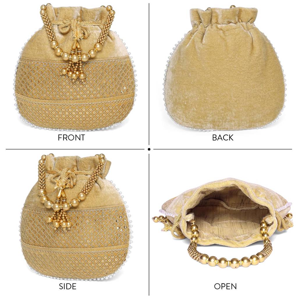Zari Sequence Potli Bag With Beads Motif Handle For Women Handmade Handbag Stylish Bride Fashion Wristlet Bag For G : P197BR-F