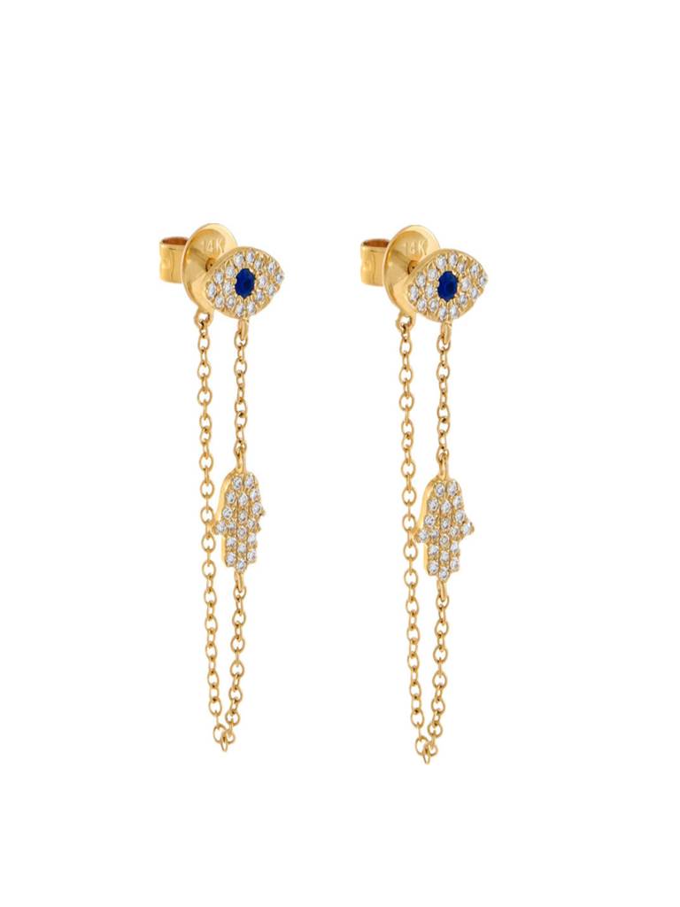 18K Gold Plated Anti-Tarnish Zircon Evil Eye & Hamsa Hand Ear Chain Earrings : AWU0726E231