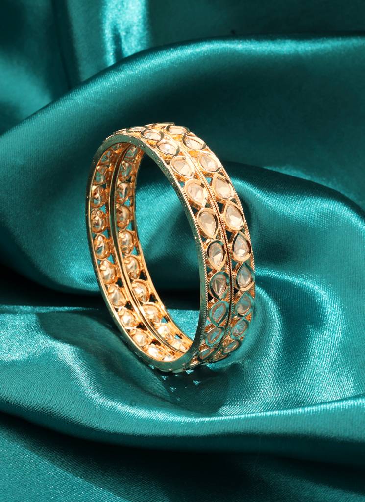 Royal Oval Shape White Kundan Stone Gold Plated Set Of 2 Bangle Set For Women And Girls : 6BG85_GOLD_210