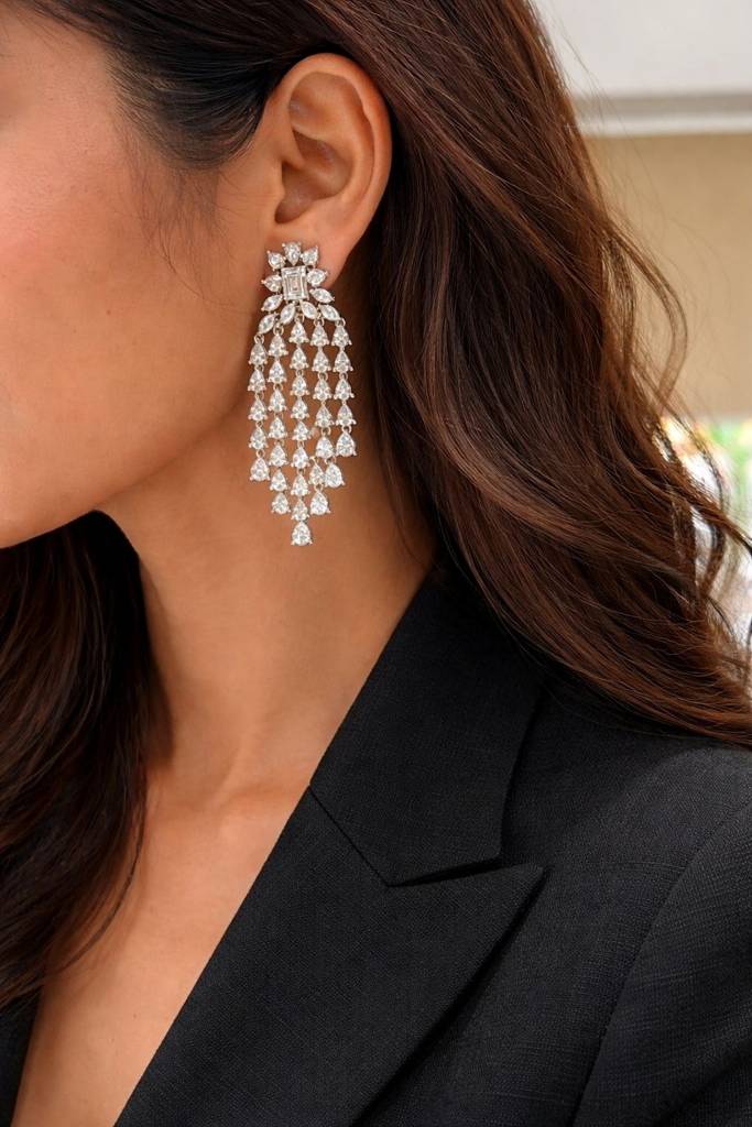 Premium American Diamond Drop Solitaire Womens Chandeliar Long Party Earrings : 100012