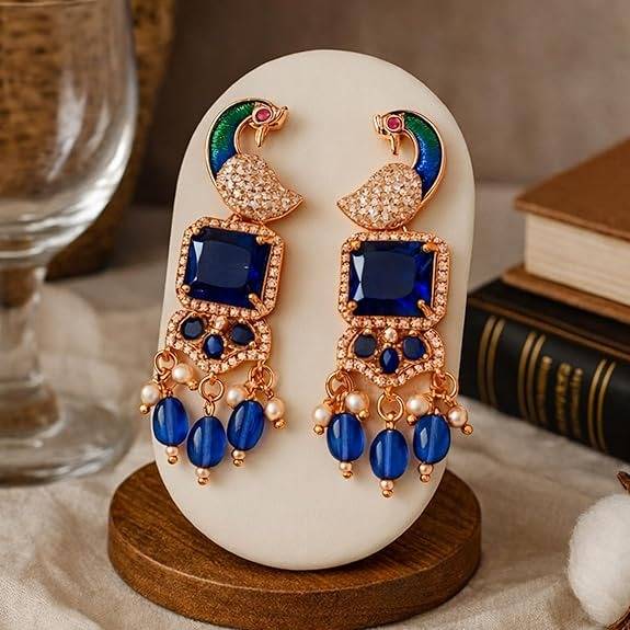 Rose Gold Peacock Dangle Earrings : AD-934-RGBLERER