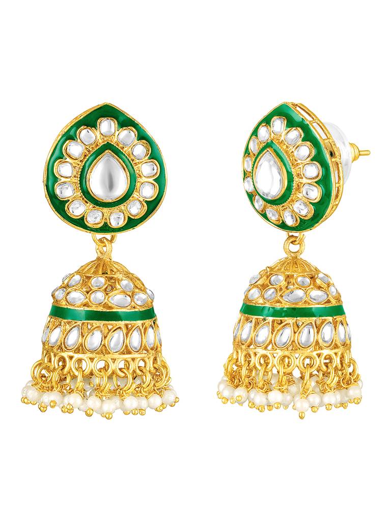Women'S Gold Plated Ethnic Green Necklace Earrings Maangtikka Set Kundan & Beads Studded Festive Bridal Jewellery : PF27N670G