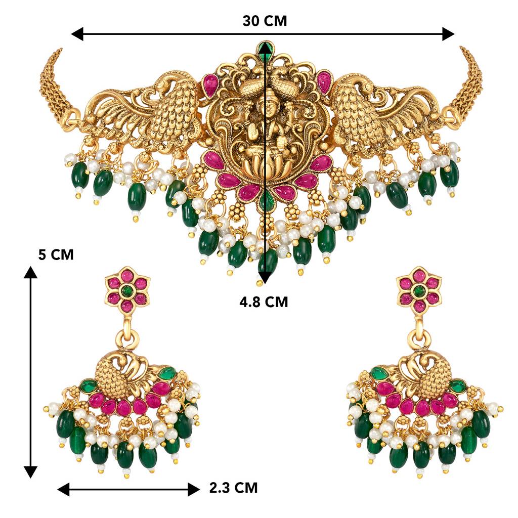 Peora Traditional Gold Plated Red Green Beads Studded Choker Necklace Dangle Earrings Set Ethnic Stylish Fashion J : PF47N02RG