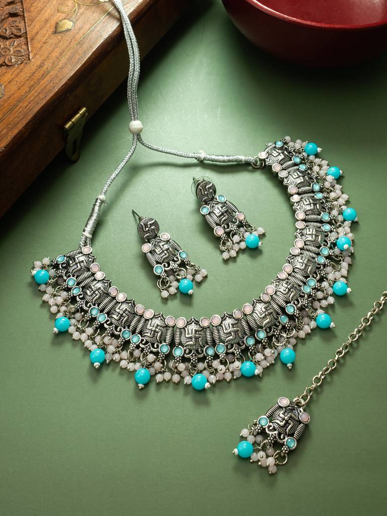 Navratri Special Silver Choker Necklace Set With Earrings And Maang Tikka In Turquoise And Pink Beads : NK4098