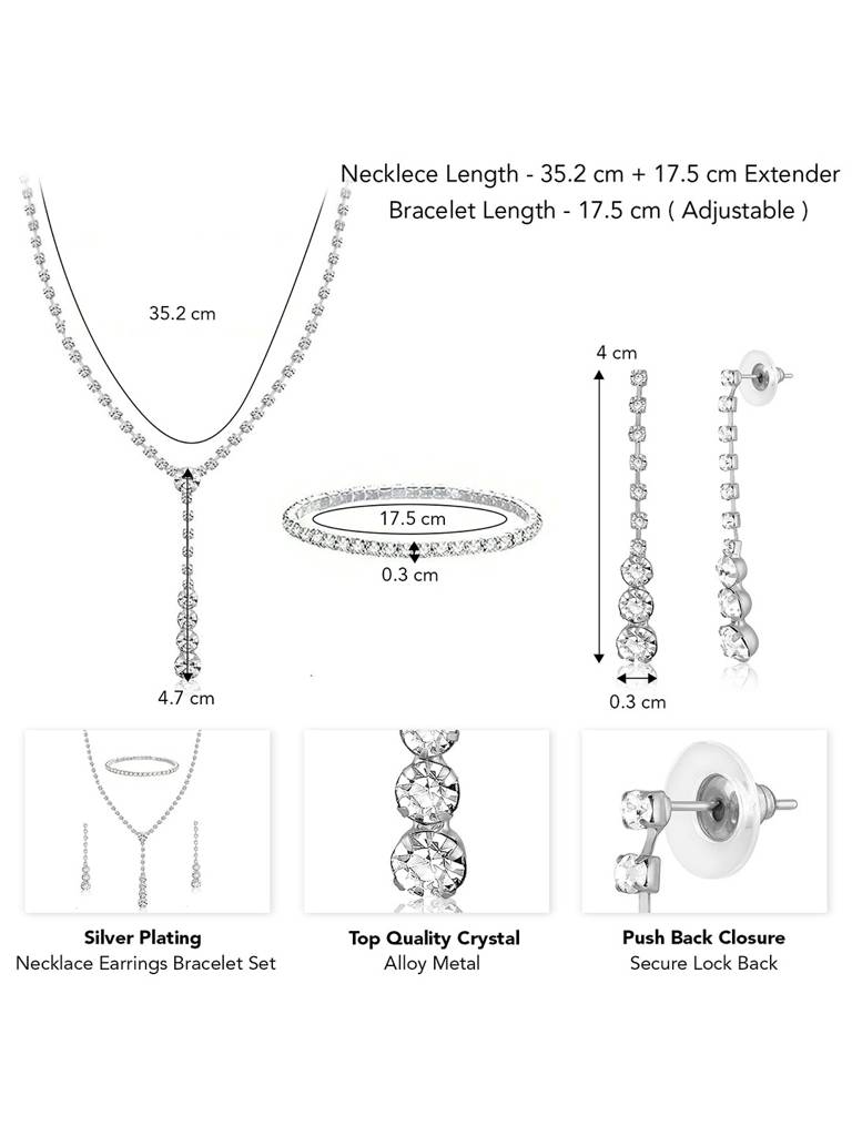 Peora Silver Plated Crystal Studded Pendant Style Necklace Drop Earrings & Bracelet Set Contemporary Jewellery For W : PX9N108