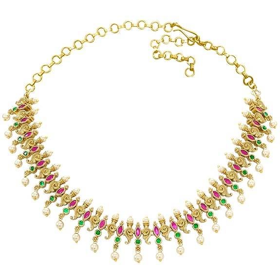 Rani Pink Green Necklace Earrings For Women & Girls Gold Plated Faux Ruby Emerald & Pearl Studded Festive Traditio : PF76N03RG