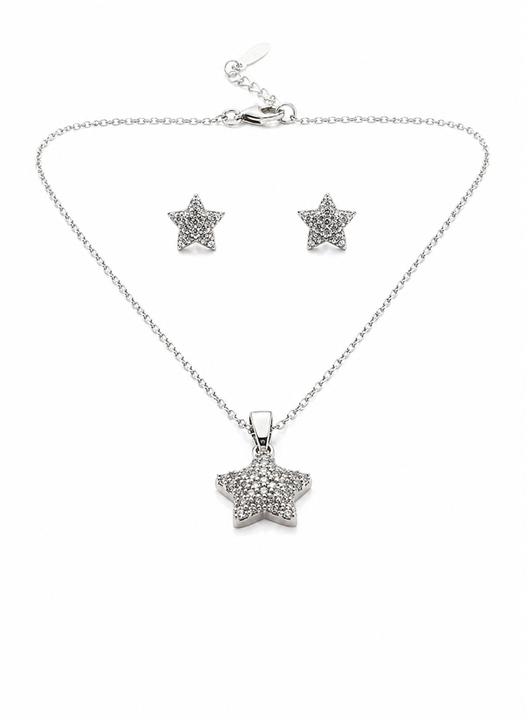 Silver Plated Star Pendant Necklace & Stud Earrings Set : NEC-999-A8128