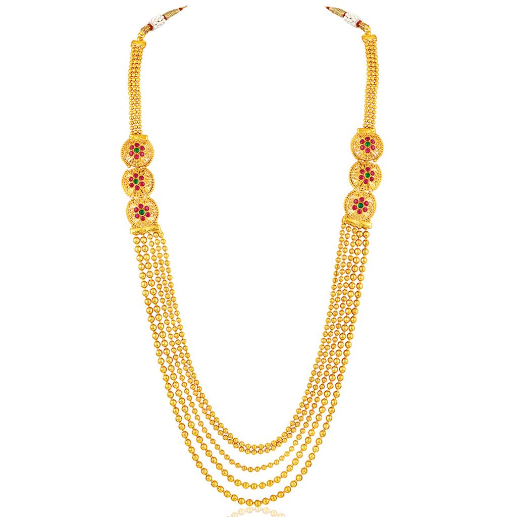 Gold Plated Faux Ruby & Beads Studded Short & Long Necklace Earrings Ethnic Bridal Set Jewellery For Women & Girls : PF04BR02RG