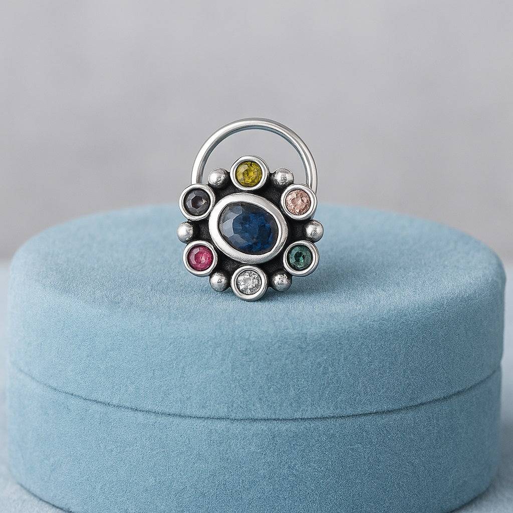 Navratna Oval Nose Pin - Sterling Silver : NP00150_925S_OX_BSA