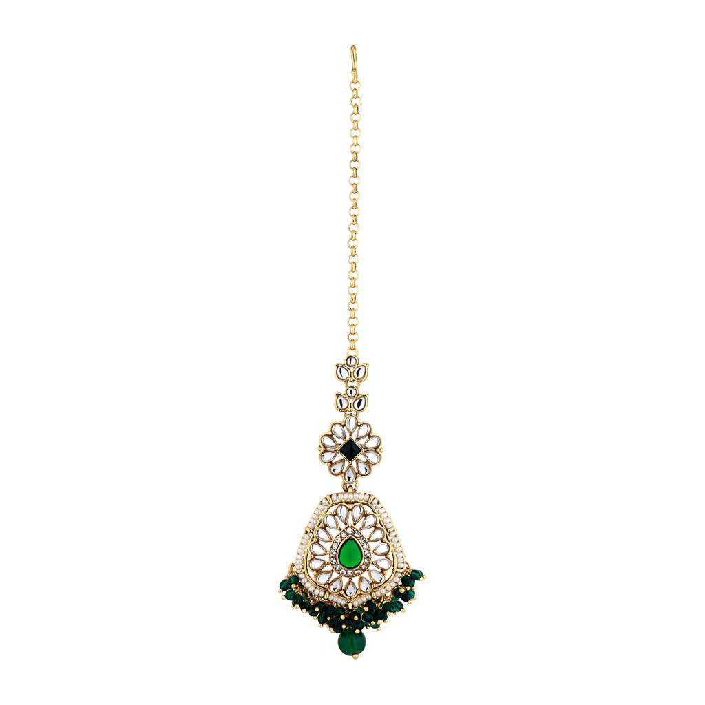 Kundan Opulance Green Cz-Pearl Beaded Yellow Gold-Plated Choker Set : 8905124585322
