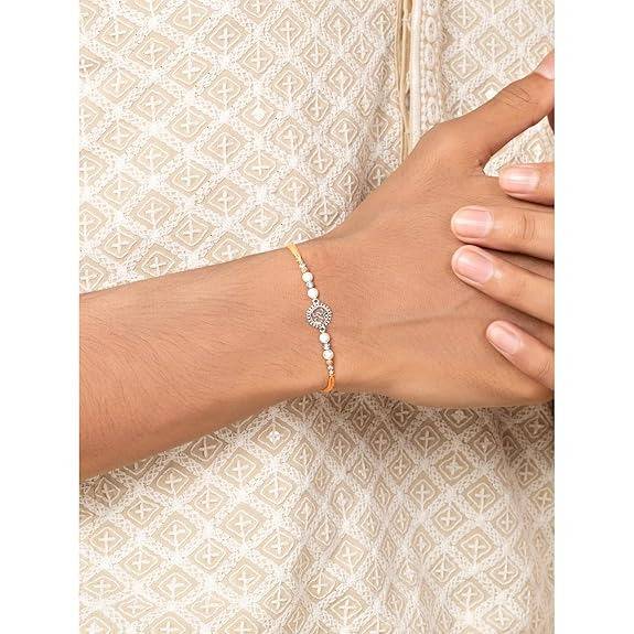 Mens 925 Sterling Silver Om & Beads Studded Rakhi For Brother Bhaiya|Cream Thread|Raksha Bandhan Hamper With Roli Ch : R18S01S