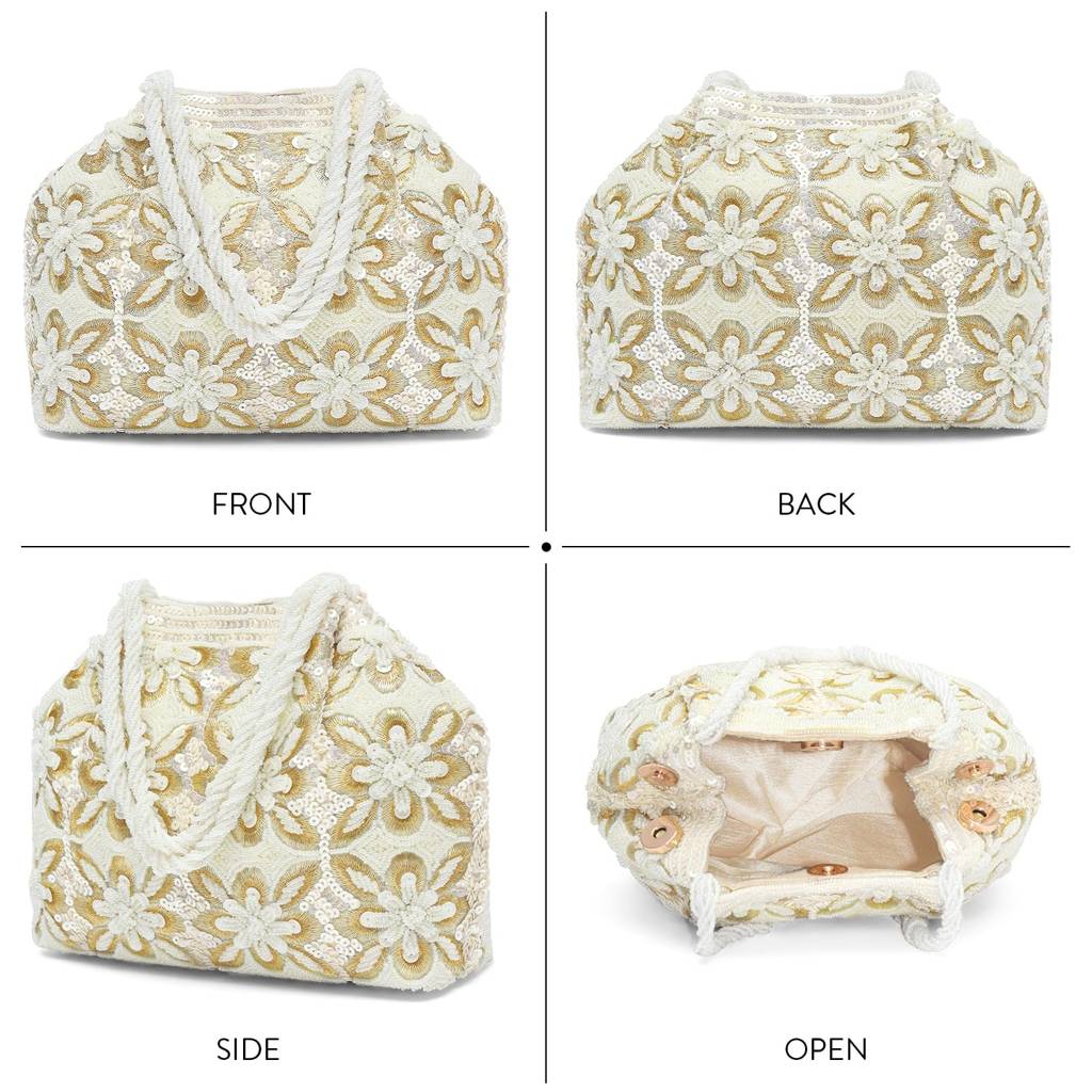 White Embroidery Potli Bag Ethnic Wristlet Purse For Women & Girls : P215W