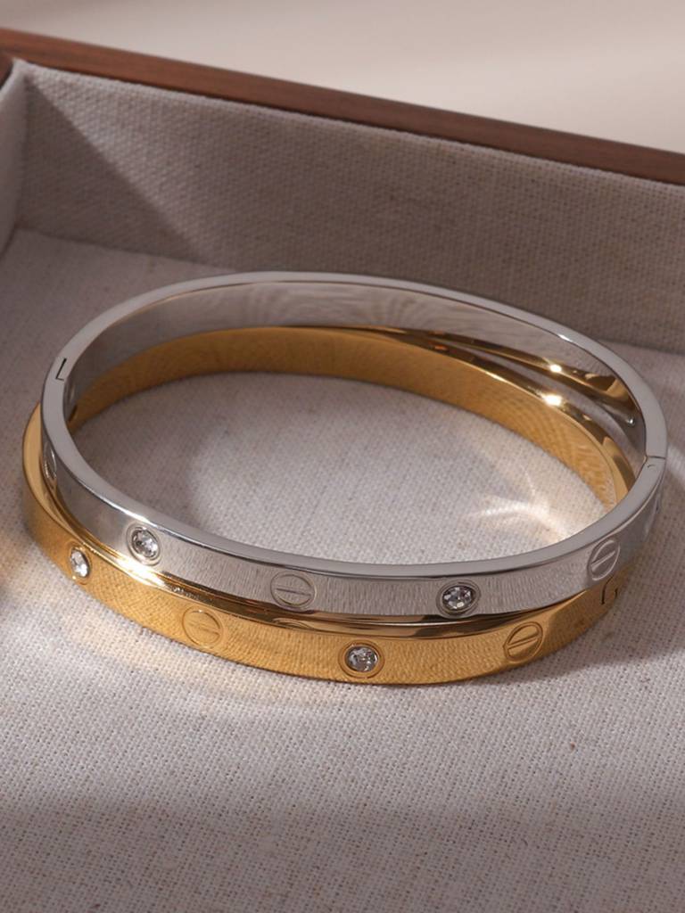 18K Plated Waterproof Anti-Tarnish Screw & Zircon Openable Bangle Bracelet : AHC0925B235S_RE