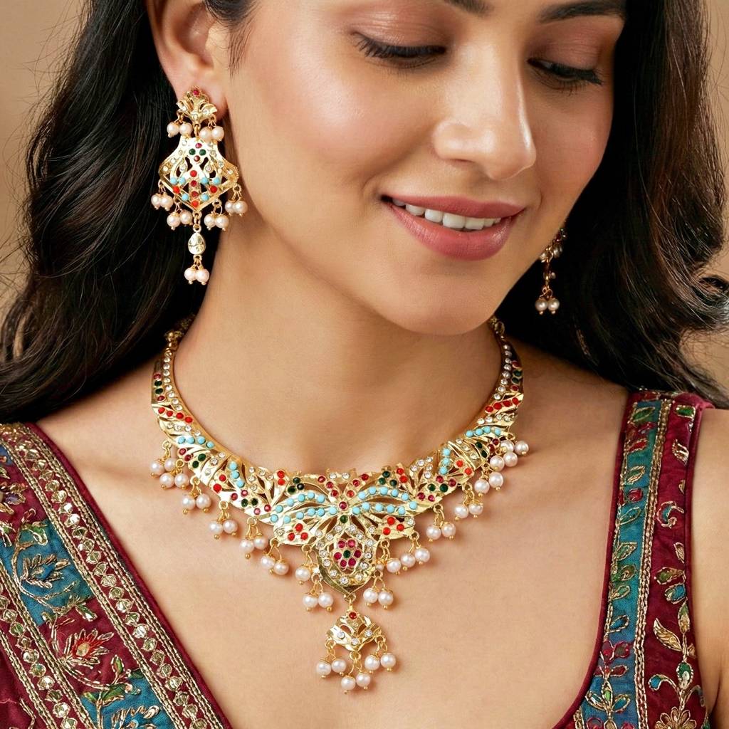 Gold Plated Necklace Set With Earrings | Multicolor Stone & Pearl Drops Traditional Bridal Jewellery For Women : 924-CSN-C575-MT