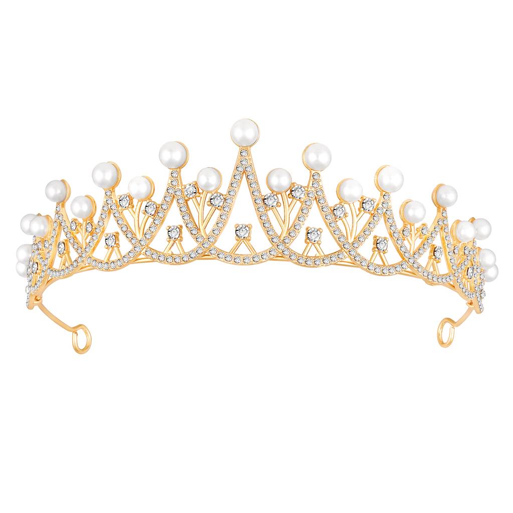 Gold Plated Cubic Zirconia & Pearl Studded Princess Tiara Crown Hair Accessory For Girls & Women : PX9CW04G