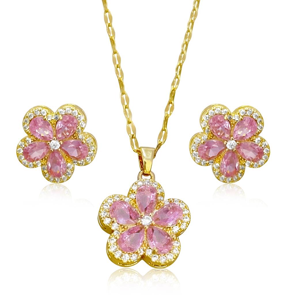 Pink Floral Pendant Chain Necklace Earrings Set For Women & Girls | Gold Plated | Crystals & Cubic Zirconia Studd : PX9PS64GPK