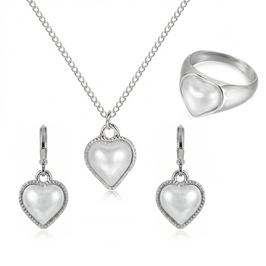 Pearl Studded Heart Shape Pendant Chain Earrings Ring Set Fashion Jewellery For Women & Girls : PX9PS60RW