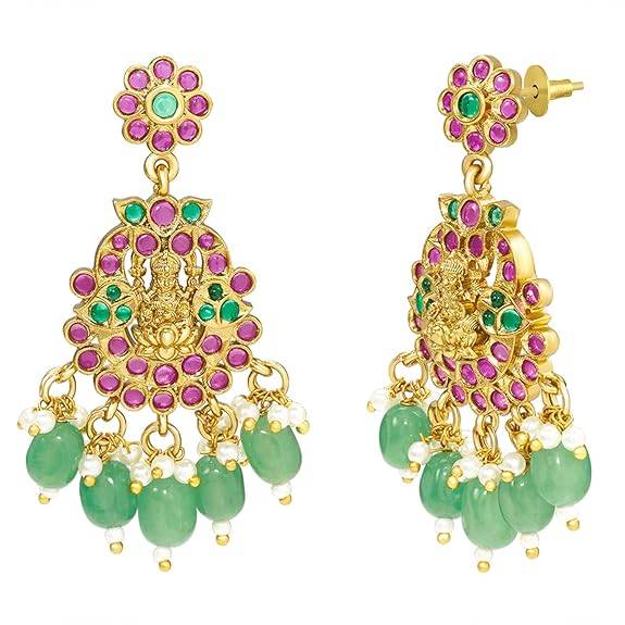 Rani Pink Green Ethnic Necklace Earrings For Women & Girls Gold Plated Faux Ruby Emerald & Beads Studded Festive  : PF76NT01RG