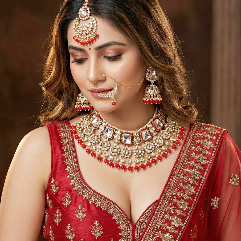 18 Kt Gold Plated Bridal & Semi-Bridal Necklace Set With Earrings, Maang Tikka & Nath : 2476-M8SK-1101-RED