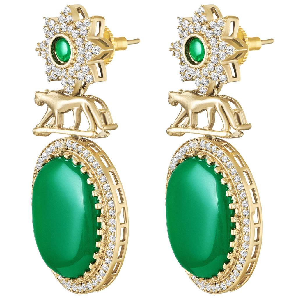 Green Ethnic Dangle Earrings For Women & Girls | Gold Plated | Cubic Zirconia Faux Emerald Studded | Festive Bridal : PF77E05G