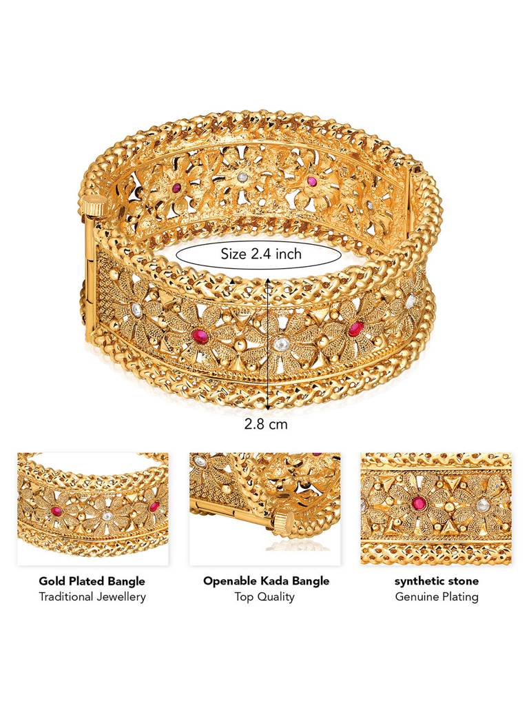 Peora Gold Plated Thick Single Piece Synthetic Stone Studded Openable Kada Bangle Traditional Jewellery For Wo : PF74B101-S1-4
