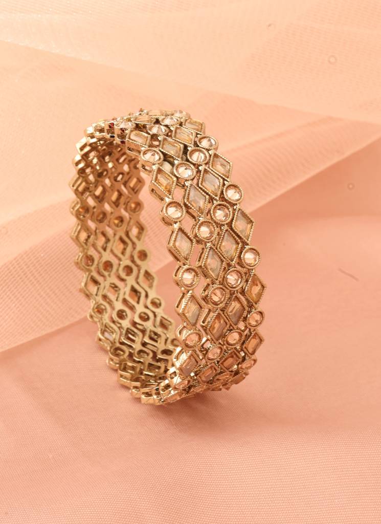 Pretty Rectangle And Round Shape Brown Kundan Stone Antique Gold Plated Set Of 4 Bangle Set For Women And : 6BG331_BROWN_MD_22