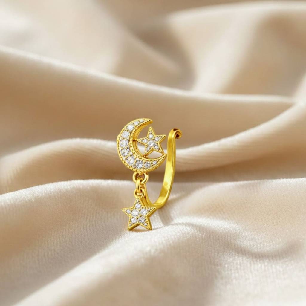Cz Dangle Moon & Star Clip-On Nose Pin 925 Sterling Silver Yellow Plated : CNP-0007