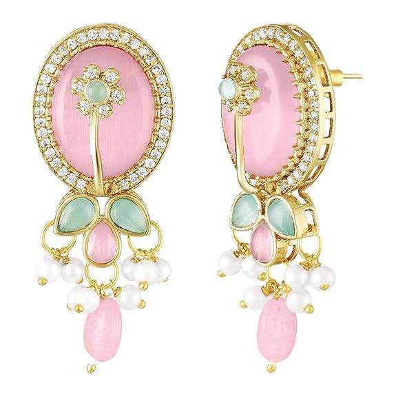 Pink Mint Stylish Long Necklace Earrings For Women & Girls Gold Plated Kundan & Beads Studded Festive Ethnic J : PF77LS04PKMNT