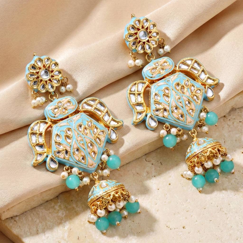 Traditional Turquoise Long Necklace Set For Women |Gold Plated Meenakari Bridal Jewellery Set With Earrings : 2970-J5SK-2300-F