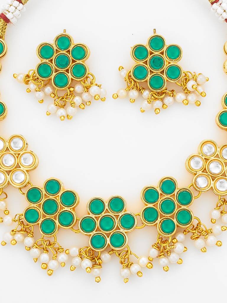 Gold Plated Green Floral Kundan Necklace Set With Pearls : NK4897