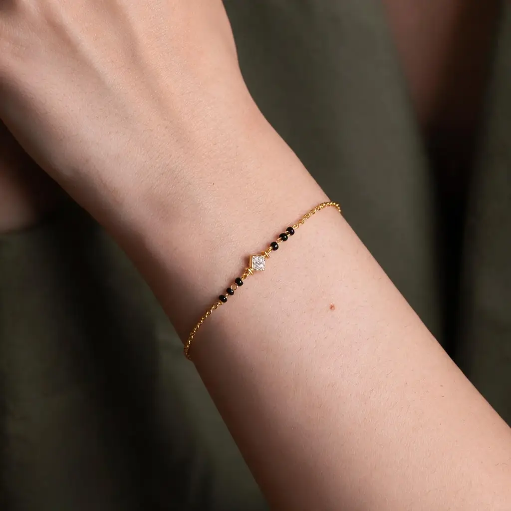 Tilted Square Black Bead Mangalsutra Bracelet : KBC0060-Gold