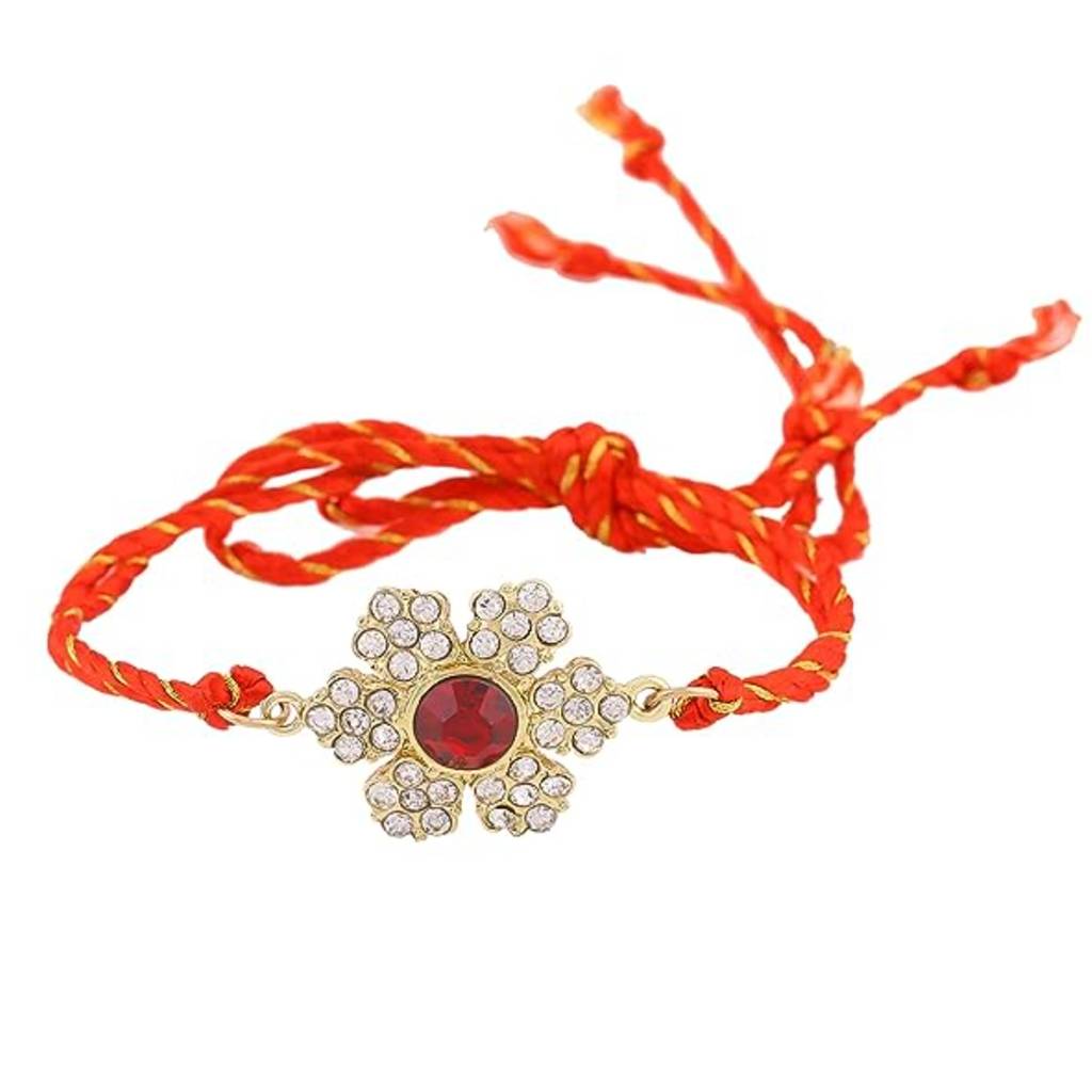 Gold Plated Om And Floral Infinity Shaped Multi Colour Designer Bracelet With Austrian Crystals And Fancy Si : COMBO-239-RAKHI