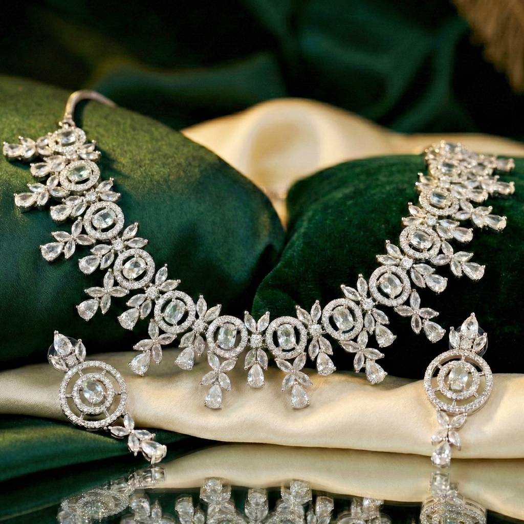 Silver-Tone American Diamond Necklace Set With Earrings For Women – Office, Party & Wedding Wear : 1717-K4SA-2242-W-S