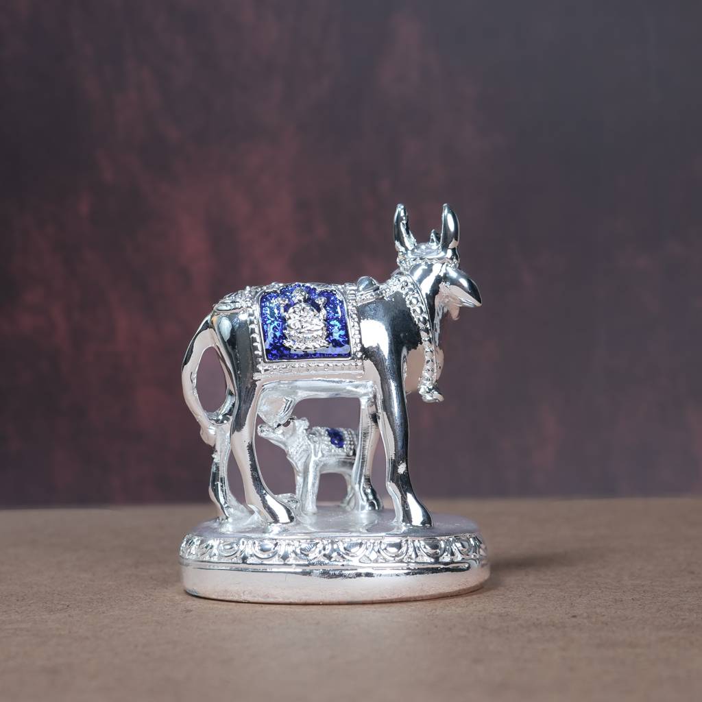 999 Silver Divya Kamadhenu Cow And Calf Figurine : SMK-GFT-HDC-004