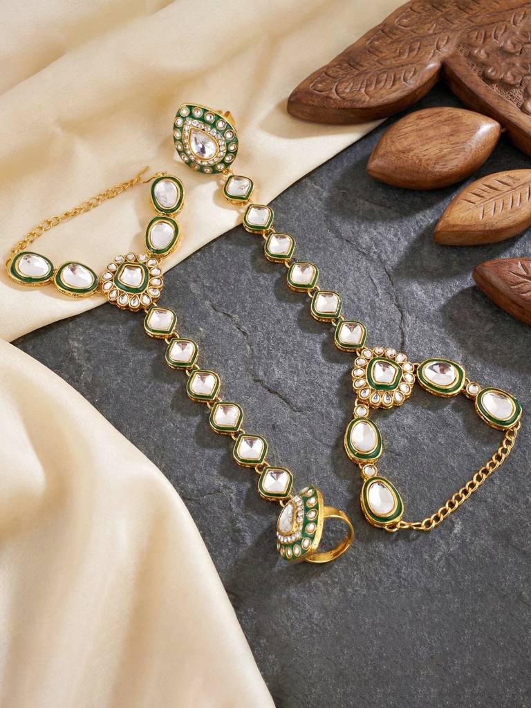 Gold Plated Kundan Green Beads Choker Jewellery Set For Women | Green Meenakari Bridal Ethnic Necklace Set W : 4554-IZS-0003-G