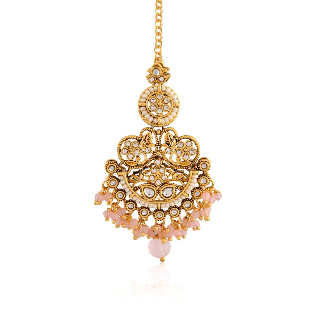 Pearl Elegance Light Pink Cz Yellow Gold-Plated Dangler & Maangtika Set : 8905124582369