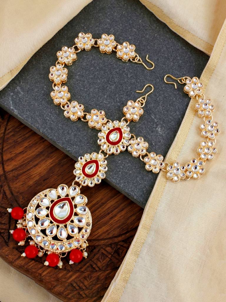 Bridal Kundan Jewellery Set With Hathphool & Nath : 2541-IZK-554-RED