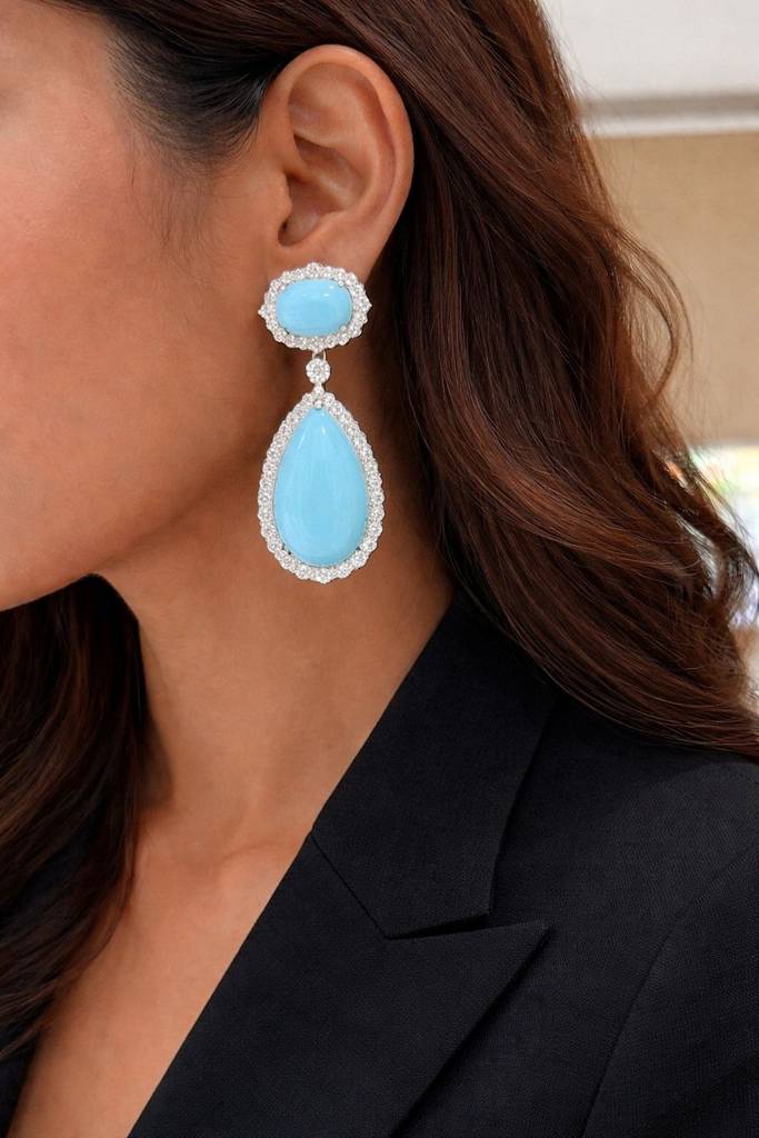 Turquise Blue American Diamond Studded Premium Party Long Earrings : 100009