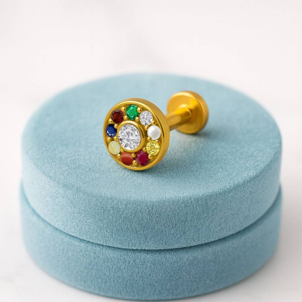 Navratna Classic Round Multi Gemstone Nose Pin 925 Sterling Silver Gold Plated : 0012-NP-snp-0063