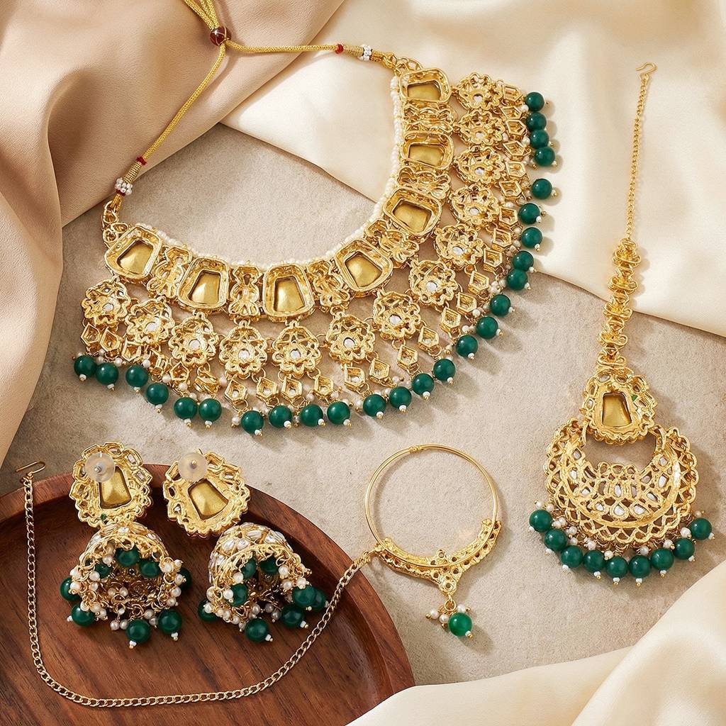 18 Kt Gold Plated Bridal & Semi-Bridal Necklace Set With Earrings, Maang Tikka & Nath : 2476-M8SK-1101-G