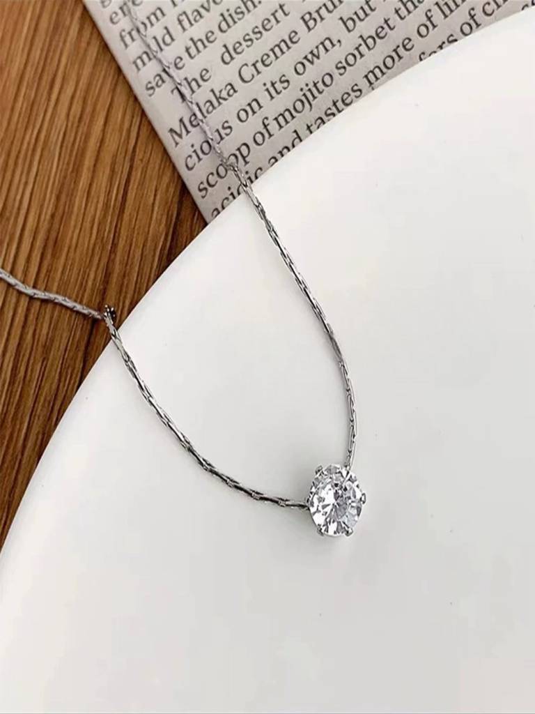 Minimal Single Zircon Thin Chain Necklace 18K Plated Anti-Tarnish : AHM0126N713S